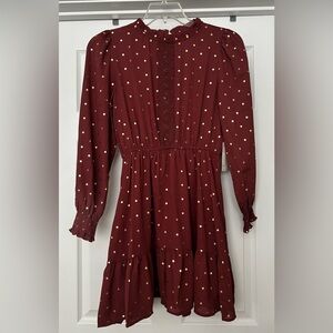 Sweet Wanderer Maroon and Gold Polka Dot Dress